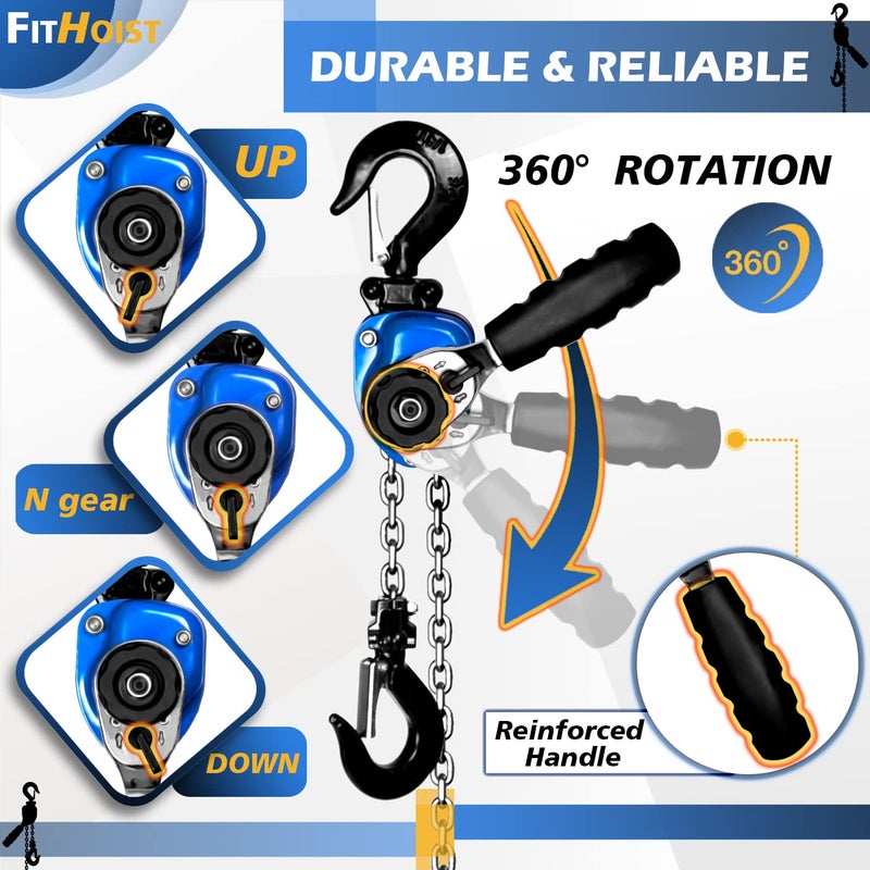 FITHOIST Mini Chain Hoist 1/4 ton 550Lbs Capacity 10ft Lift Small Come Along Alloy Steel G80 Chain 2 Heavy Duty Hooks  Manual lever chain hoist for Garages Warehouse Automotive Machinery - Image 4